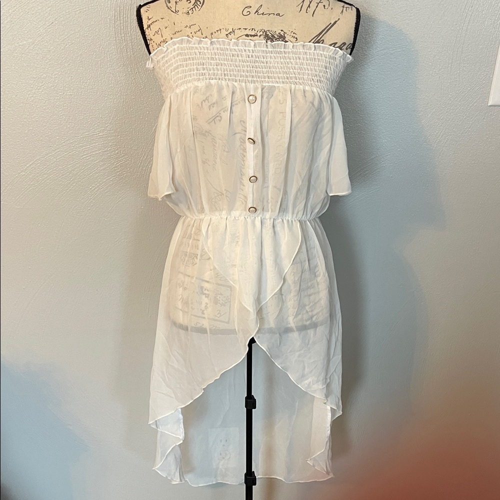 Steps White Strapless Smocked Hi-Low Dress Small